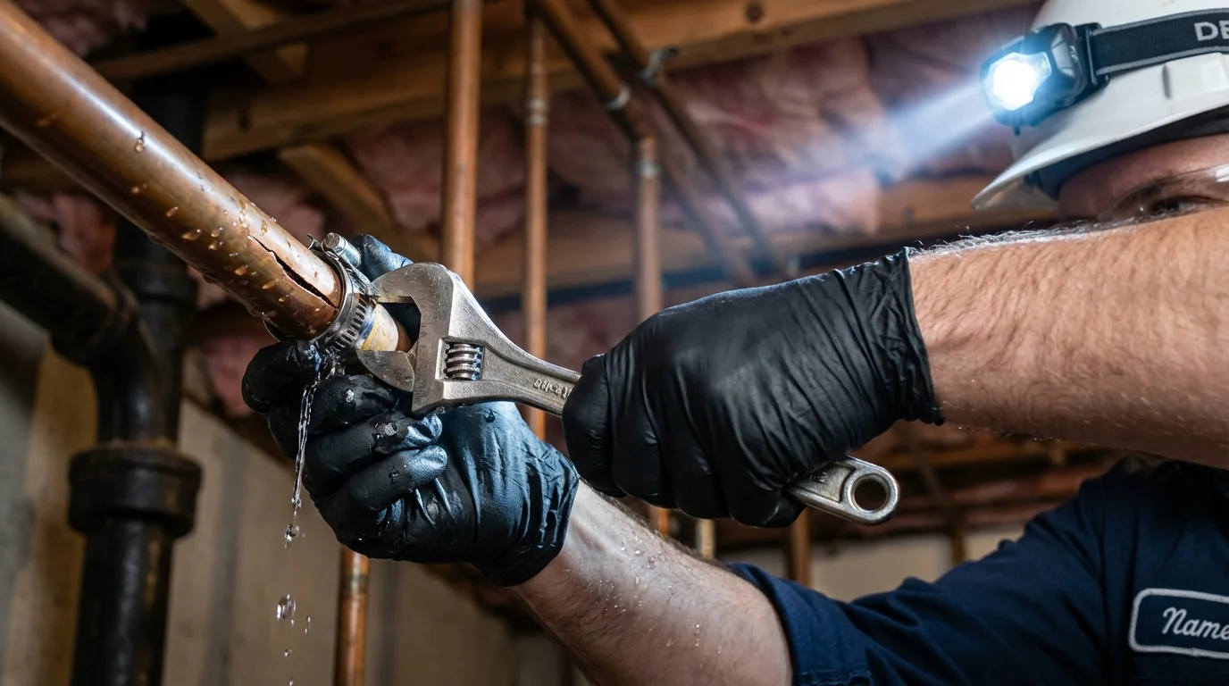 Emergency pipe clamp repair being performed by a Johns Plumbing LLC plumber in Grant Park