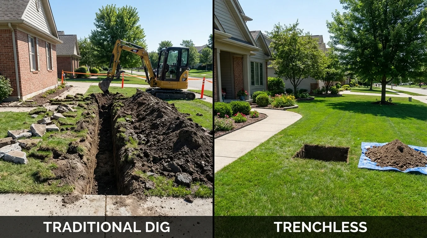 Trenchless sewer repair with minimal yard damage versus traditional excavation in Grant Park, IL