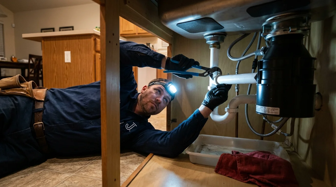 P-trap and supply line connections under a kitchen sink showing a common leak point in Grant Park, IL